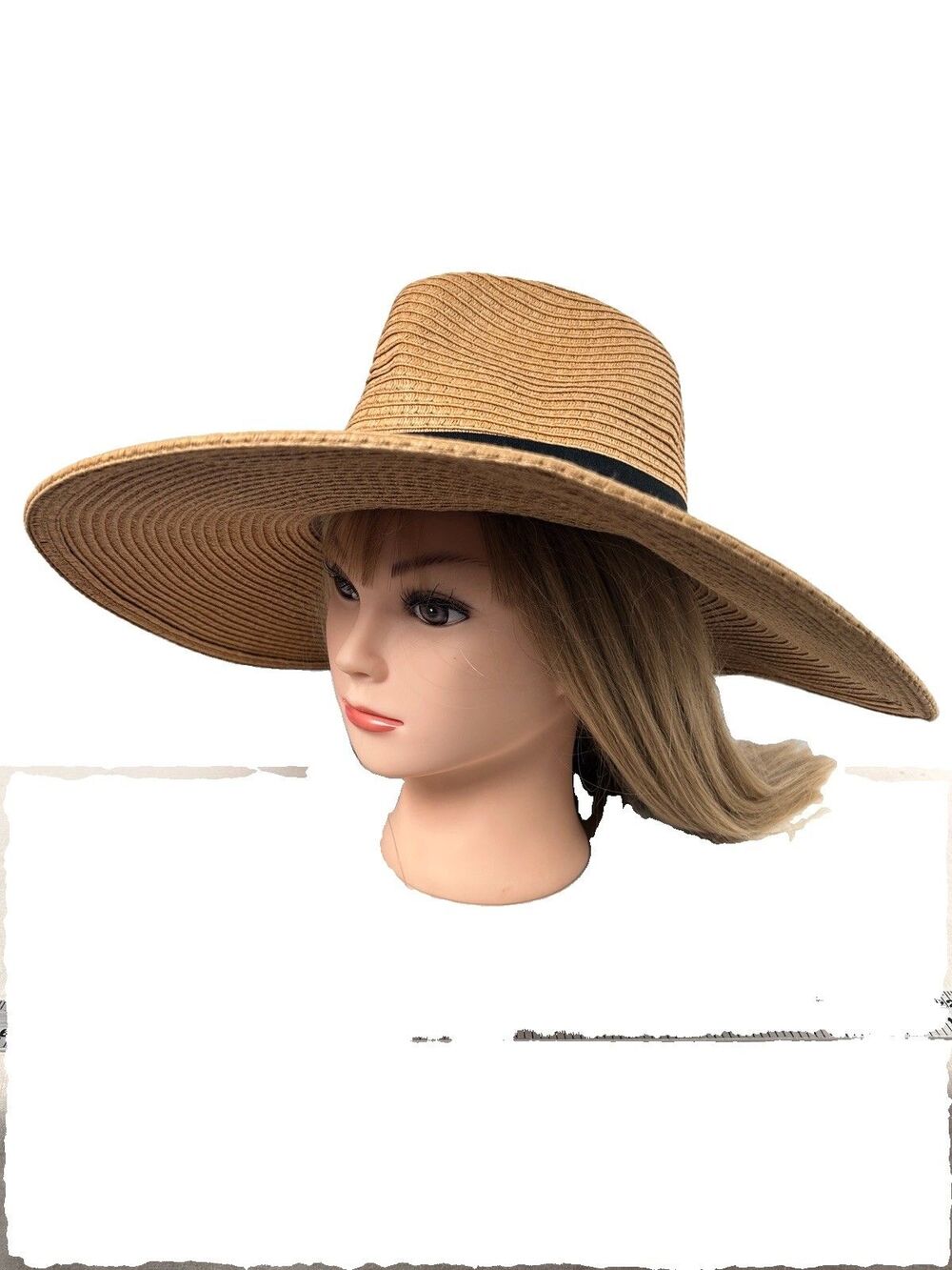 Vince Camuto Women's Tan Wide Brim Sun Hat OS Black Band Gold V Resort
